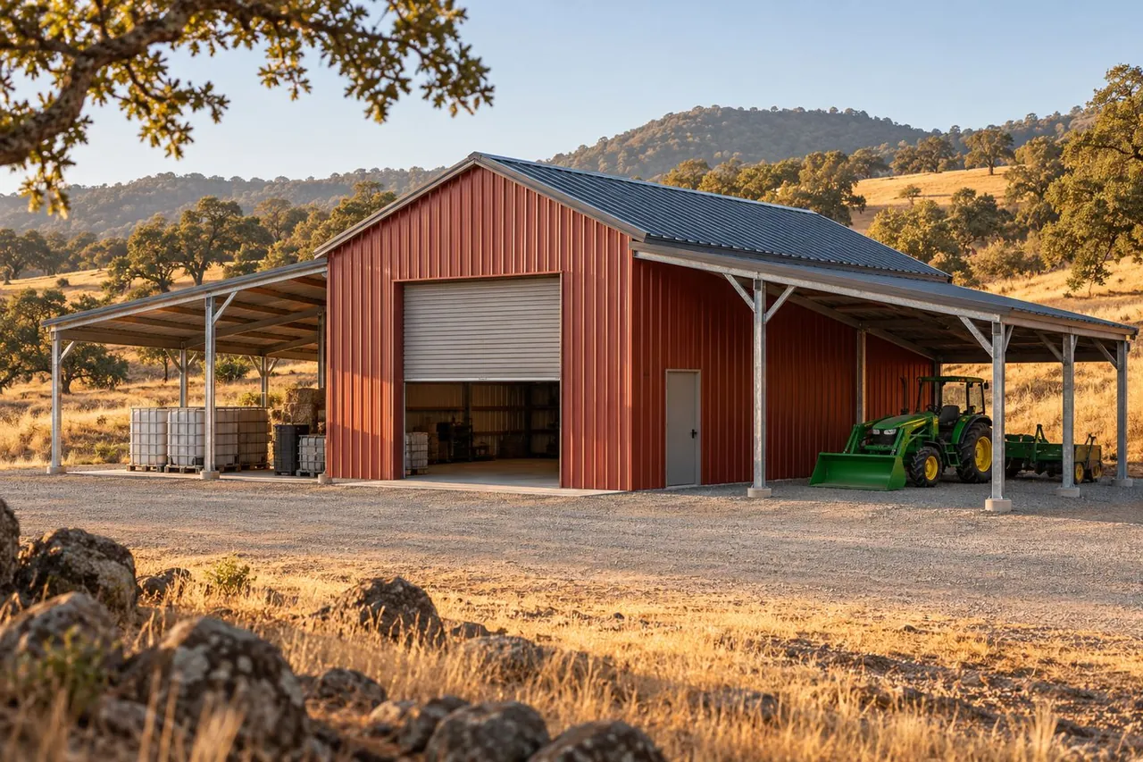 Red metal barn with open side shelters and a utility tractor.