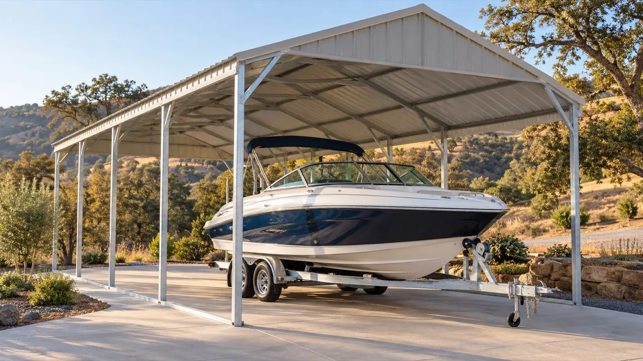 A white and navy powerboat on its trailer beneath an open metal boat cover.