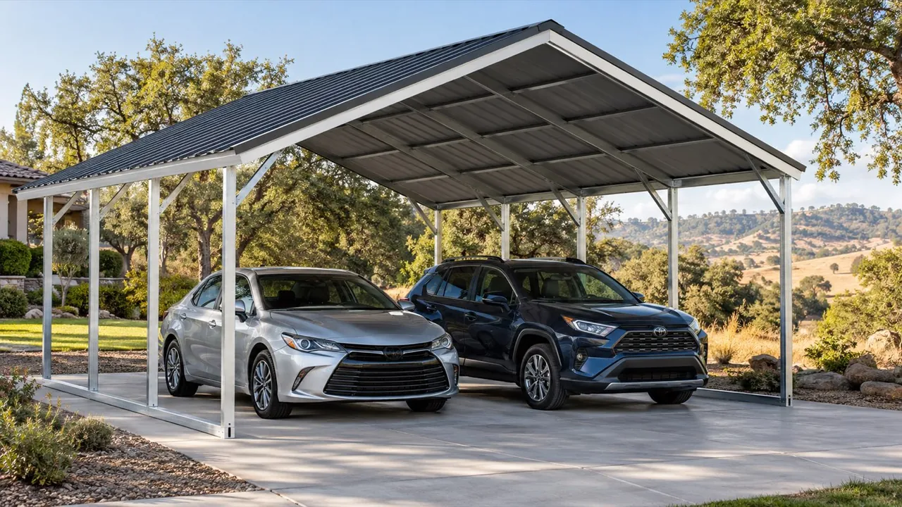 An open two-car metal carport with realistic vehicles and exposed steel framing.