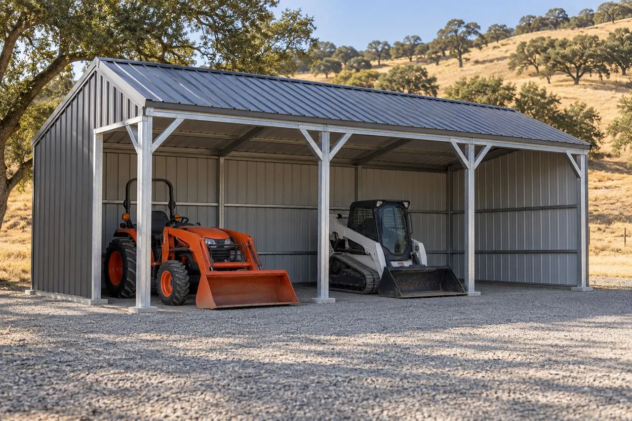 Tractor and compact equipment in a galvanized-steel shelter.
