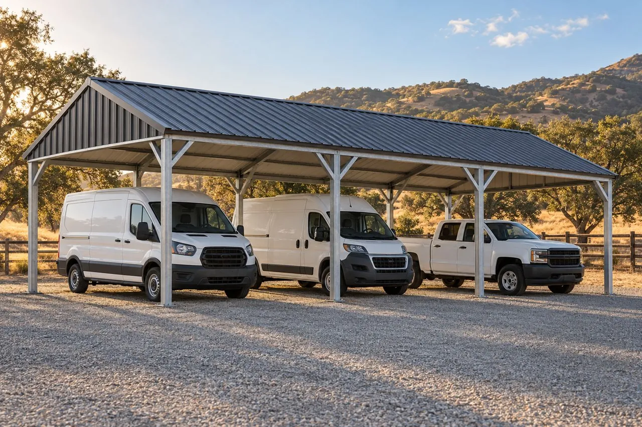 White work vehicles beneath a practical metal shelter.