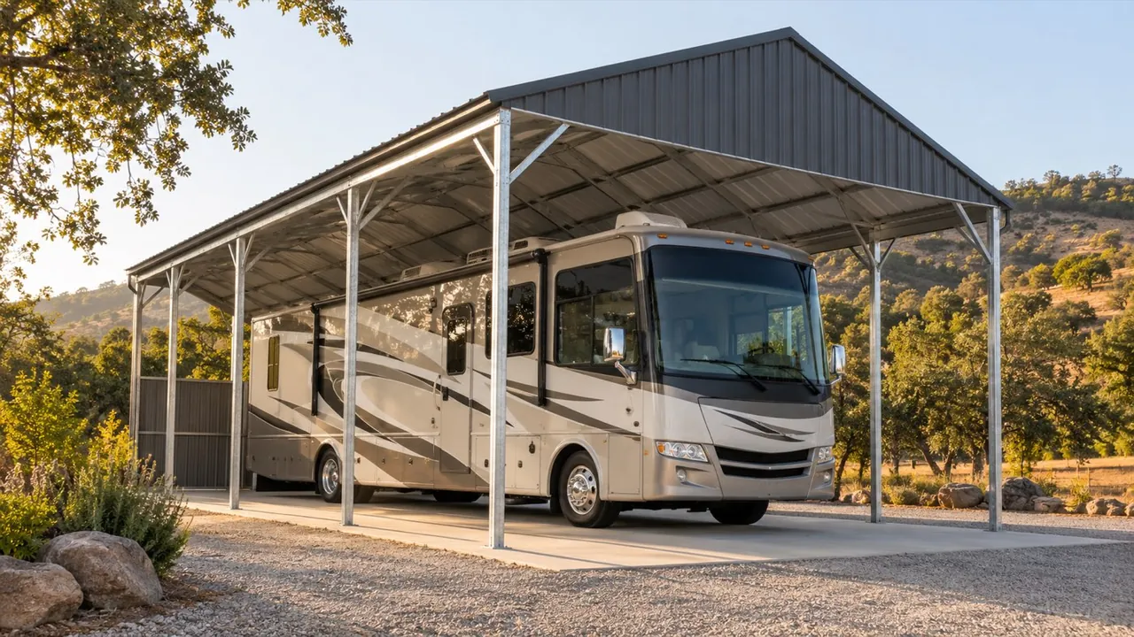 A motorhome under a tall metal cover with visible roof clearance.