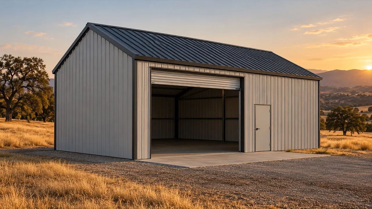 A light-gray enclosed metal workshop with a charcoal A-frame roof, corrugated roll-up door and walk-in door.