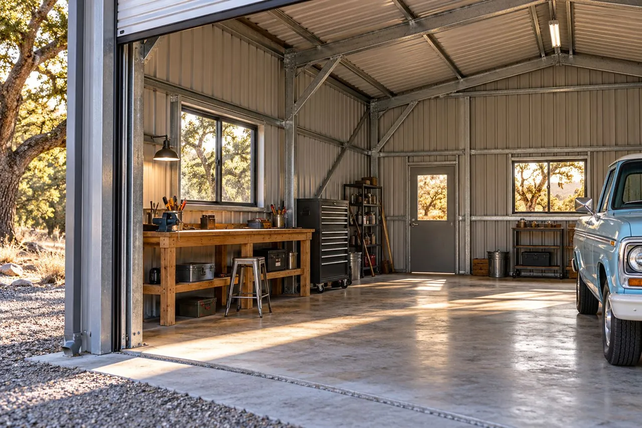 Illustrative metal workshop interior with exposed tubular framing, workbench and a pickup.